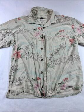 Tommy Bahama Cream and Light Green Silk Tropical Shirt